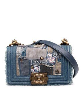 Chanel Patchwork Chain Shoulder Bag Blue Gold Denim